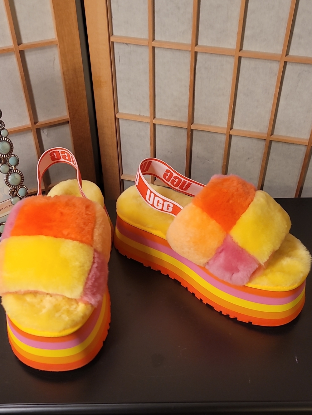 UGG FLUFF Yeah Disco Checker Slide Pride Rainbow Yellow Sandal